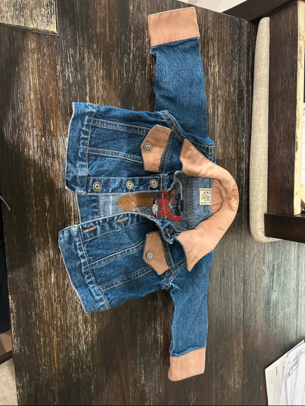 Vintage Children's Blue Denim Jacket with Tan Suede Trim - Unbranded